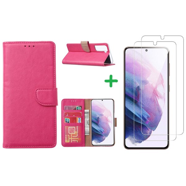 Ntech Hoesje Geschikt Voor Samsung Galaxy S21 hoesje bookcase Pink - Hoesje Geschikt Voor Samsung Galaxy s21 hoesje bookcase wallet case portemonnee book case hoes cover hoesjes met 2 stuks Screenprotector