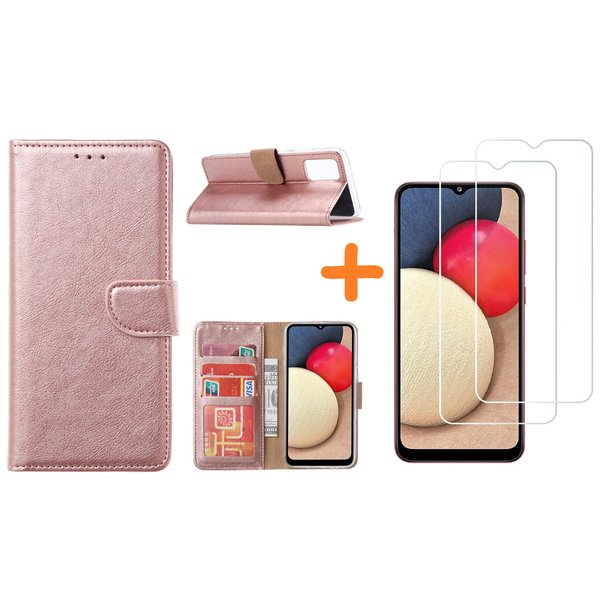 Ntech Hoesje Geschikt Voor Samsung Galaxy A02s Hoesje Geschikt Voor Samsung Galaxy A02s bookcase + 2x screenprotector - Rose goud