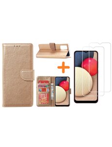 Ntech Samsung Galaxy A02s Hoesje - Samsung A02s bookcase + 2x screenprotector - Goud