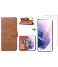 Ntech Samsung Galaxy S21 Plus Boekhoesje wallet Bruin met 2 pack Screenprotector