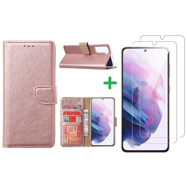 Ntech Hoesje Geschikt Voor Samsung Galaxy S21 Plus hoesje wallet case Rose Goud - Galaxy s21 Plus hoesje bookcase portemonnee book case hoes cover hoesjes met 2 pack Screenprotector