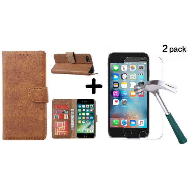 Ntech Hoesje Geschikt voor iPhone SE 2022 / 7 / 8 hoesje wallet case Bruin met 2 pack Screenprotector