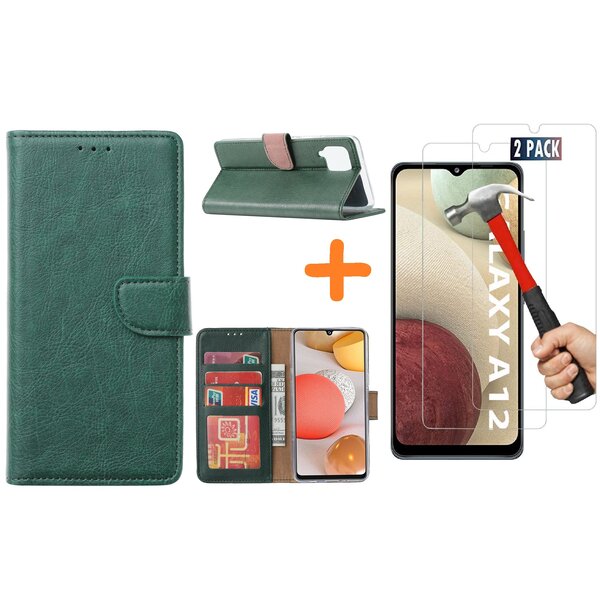 Ntech Hoesje Geschikt Voor Samsung Galaxy A12 hoesje wallet case Groen - Galaxy A12 hoesje bookcase Portemonnee- Galaxy A12 Hoesje book cover hoesjes met 2 pack Screenprotector