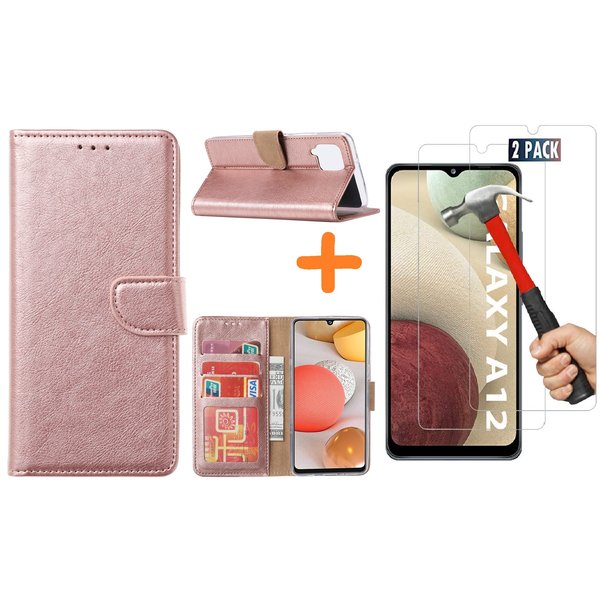 Ntech Hoesje Geschikt Voor Samsung Galaxy A12 hoesje wallet case Rose Goud - Galaxy A12 hoesje bookcase Portemonnee- Galaxy A12 Hoesje book cover hoesjes met 2 pack Screenprotector