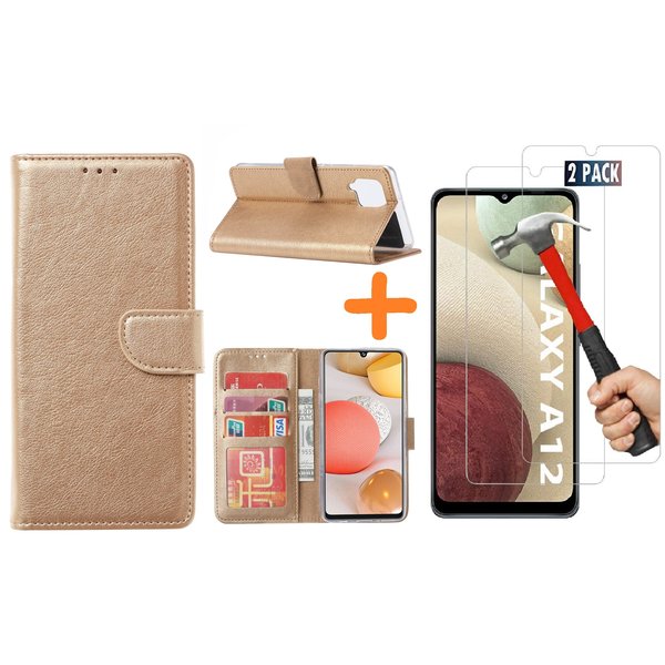 Ntech Hoesje Geschikt Voor Samsung Galaxy A12 hoesje wallet case Goud - Galaxy A12 hoesje bookcase Portemonnee- Galaxy A12 Hoesje book cover hoesjes met 2 pack Screenprotector