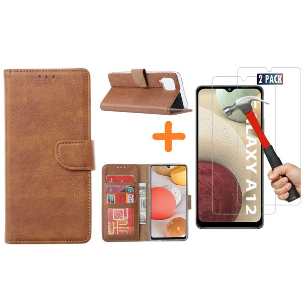 Ntech Hoesje Geschikt Voor Samsung Galaxy A12 hoesje wallet case Bruin - Galaxy A12 hoesje bookcase Portemonnee- Galaxy A12 Hoesje book cover hoesjes met 2 pack Screenprotector