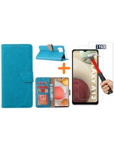 Ntech Samsung Galaxy A12 hoesje wallet case Blauw - Samsung Galaxy A12 hoesje bookcase Portemonnee- Samsung Galaxy A12 Hoesje book cover hoesjes met 2 pack Screenprotector