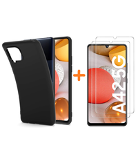 Ntech Samsung 42 Hoesje Zwart siliconen backcover TPU Backcover met Samsung Galaxy A42 5G met 2 Pack Screenprotector Glazen tempered glass