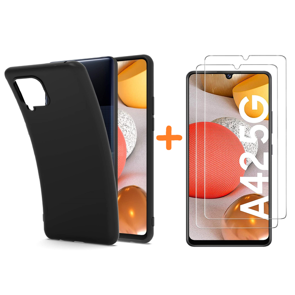 Ntech Hoesje Geschikt Voor Samsung Galaxy 42 Hoesje Zwart siliconen backcover TPU Back case met Galaxy A42 5G met 2 Pack Screenprotector Glazen tempered glass