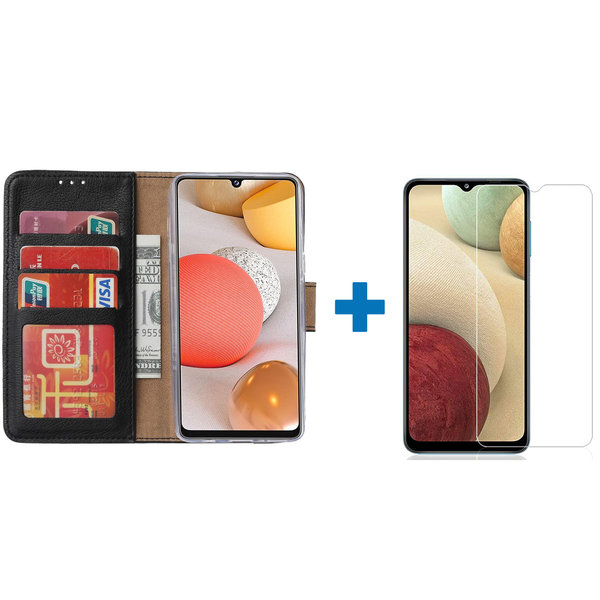 Ntech Hoesje Geschikt Voor Samsung Galaxy a12 hoesje - bookcase Zwart - Hoesje Geschikt Voor Samsung Galaxy a12 hoesje - 1x Hoesje Geschikt Voor Samsung Galaxy a12 screenprotector screen protector