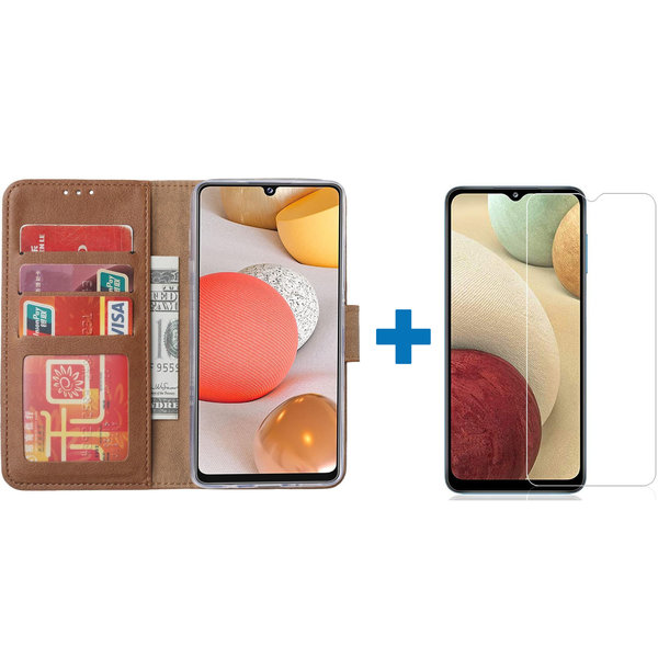 Ntech Hoesje Geschikt Voor Samsung Galaxy a12 hoesje bookcase Bruin - Hoesje Geschikt Voor Samsung Galaxy a12 hoesje - 1x Hoesje Geschikt Voor Samsung Galaxy a12 screenprotector screen protector