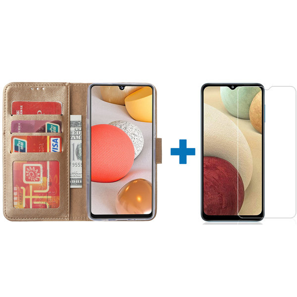 Ntech Hoesje Geschikt Voor Samsung Galaxy a12 hoesje bookcase Goud - Hoesje Geschikt Voor Samsung Galaxy a12 hoesje - 1x Hoesje Geschikt Voor Samsung Galaxy a12 screenprotector screen protector