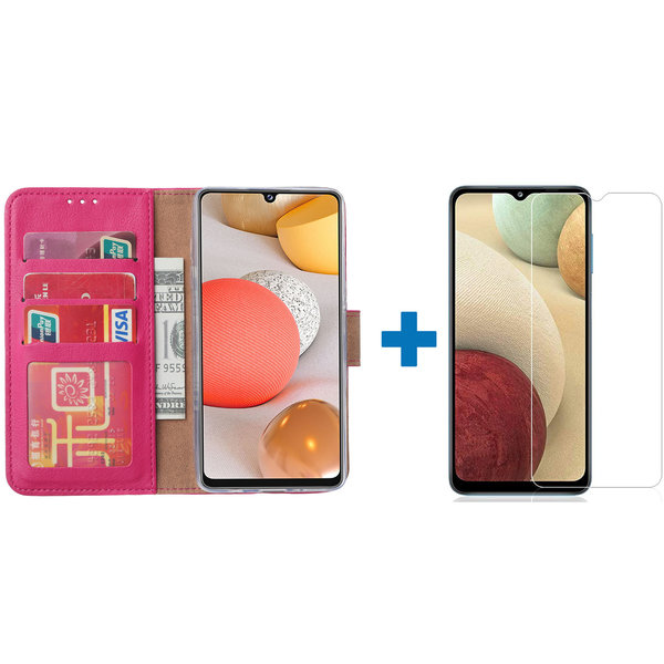 Ntech Hoesje Geschikt Voor Samsung Galaxy a12 hoesje bookcase Pink - Hoesje Geschikt Voor Samsung Galaxy a12 hoesje - 1x Hoesje Geschikt Voor Samsung Galaxy a12 screenprotector screen protector