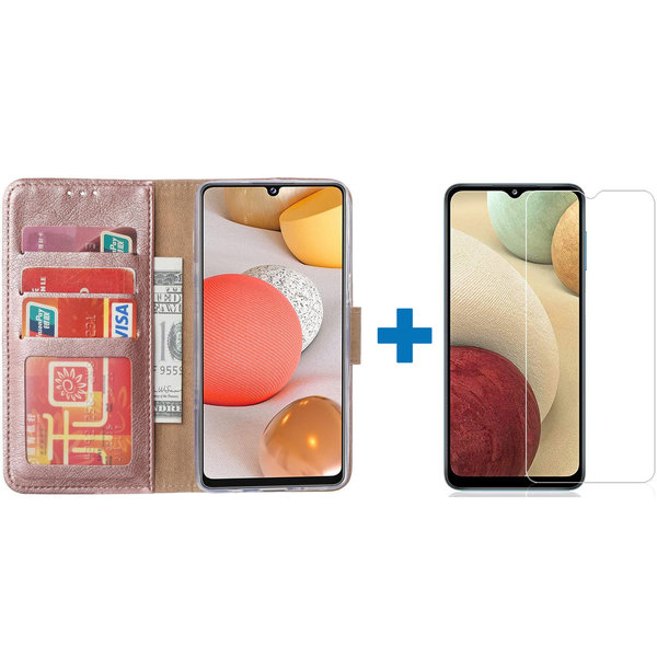 Ntech Hoesje Geschikt Voor Samsung Galaxy a12 hoesje - bookcase Rose goud - Hoesje Geschikt Voor Samsung Galaxy a12 hoesje - 1x Hoesje Geschikt Voor Samsung Galaxy a12 screenprotector screen protector