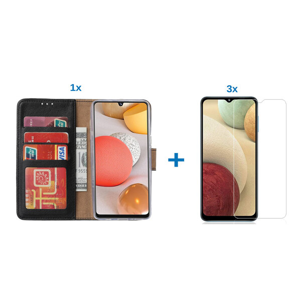 Ntech Hoesje Geschikt Voor Samsung Galaxy a12 hoesje bookcase Zwart - Hoesje Geschikt Voor Samsung Galaxy a12 hoesje - 3x Hoesje Geschikt Voor Samsung Galaxy a12 screenprotector screen protector