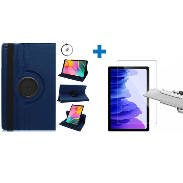 Ntech Screenprotector Geschikt voor Samsung Galaxy Tab A7 Hoes - (2020/2022) - 360 graden draaibaar case Donkerblauw + screenprotector gehard glas