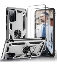 Ntech Samsung S20 FE Hoesje Armor case Ring houder / vinger houder TPU backcover - Zilver met 2 pack screenprotector