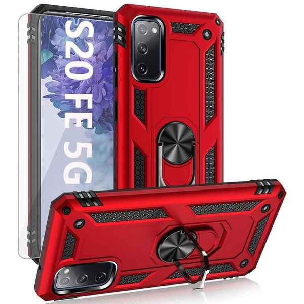 Ntech Hoesje Geschikt Voor Samsung Galaxy S20 FE Hoesje Armor case Ring houder / vinger houder TPU backcover - Rood met 2 pack screenprotector