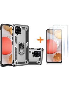 Ntech Samsung Galaxy A42 5G Hoesje Armor case Ring houder TPU backcover - Zilver met 2 pack screenprotector