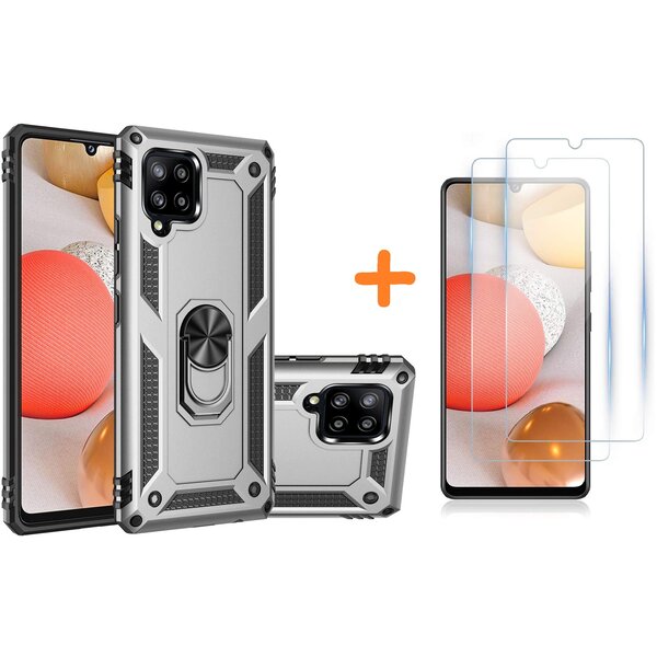 Ntech Hoesje Geschikt Voor Samsung Galaxy A42 5G Hoesje Armor case Ringhouder TPU cover - Zliver met 2 pack screenprotector