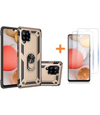 Ntech Samsung Galaxy A42 5G Hoesje Armor case Ring houder TPU backcover - Goud met 2 pack screenprotector