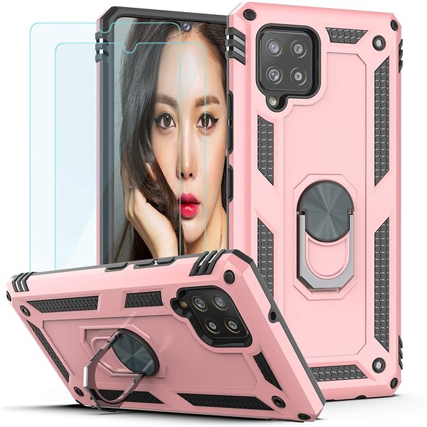 Ntech Hoesje Geschikt Voor Samsung Galaxy A42 5G Hoesje Armor case Ringhouder TPU cover - Rose Goud met 2 pack screenprotector