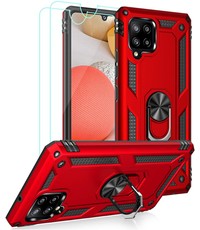 Ntech Samsung Galaxy A42 5G Hoesje Armor case Ring houder TPU backcover - Rood met 2 pack screenprotector