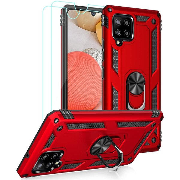 Ntech Hoesje Geschikt Voor Samsung Galaxy A42 5G Hoesje Armor case Ringhouder TPU cover - Rood met 2 pack screenprotector