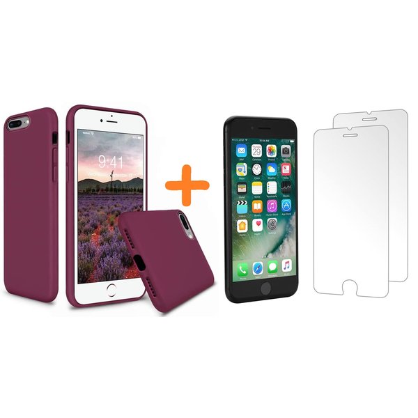 Ntech Hoesje Geschikt voor iPhone 7 Plus / Hoesje Geschikt voor iPhone 8 Plus Hoesje - Liquid siliconen Hoesje Wijnrood Lila case Hoesje TPU backcover - met Hoesje Geschikt voor iPhone 8 Plus / 7 Plus Screenprotector 2 stuks tempered glass