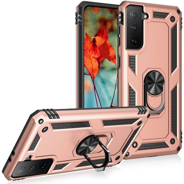 Ntech Hoesje Geschikt Voor Samsung Galaxy S21 Hoesje Geschikt Voor Samsung Galaxy S21 armor case Ring houder TPU backcover met Ring houder / Ring vinger houder / standaard - Rose Goud