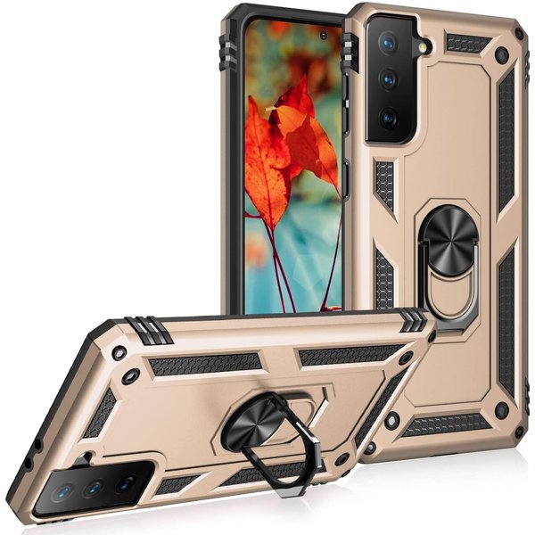 Ntech Hoesje Geschikt Voor Samsung Galaxy S21 Hoesje Geschikt Voor Samsung Galaxy S21 armor case Ring houder TPU backcover met Ring houder / Ring vinger houder / standaard - Goud