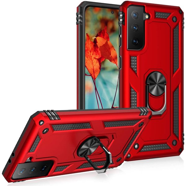 Ntech Hoesje Geschikt Voor Samsung Galaxy S21 Hoesje Geschikt Voor Samsung Galaxy S21 armor case Ring houder TPU backcover met Ring houder / Ring vinger houder / standaard - Rood