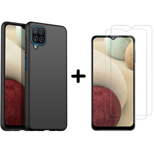 Ntech Screenprotector Geschikt voor Samsung Galaxy A12 siliconen cover - Galaxy A12 TPU Back case Zwart met Galaxy A12 met Screenprotector 2 stuks