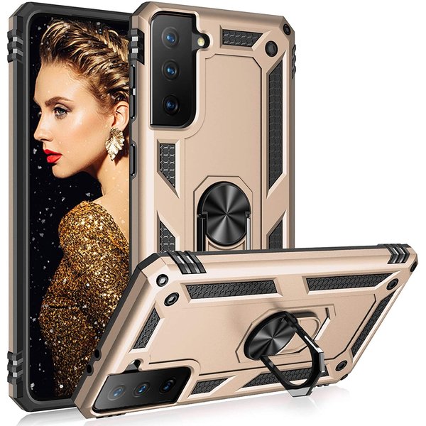 Ntech Hoesje Geschikt Voor Samsung Galaxy S21 Plus Hoesje Geschikt Voor Samsung Galaxy S21 Plus armor case met Ring houder / Ring vinger houder / standaard - Goud