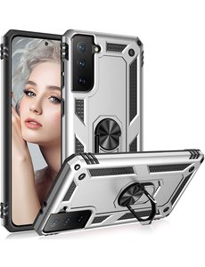 Ntech Samsung Galaxy S21 Plus armor TPU backcover met Ring houder Zilver