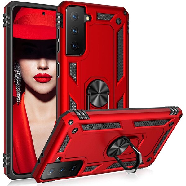 Ntech Hoesje Geschikt Voor Samsung Galaxy S21 Plus Hoesje Geschikt Voor Samsung Galaxy S21 Plus armor case met Ring houder / Ring vinger houder / standaard - Rood