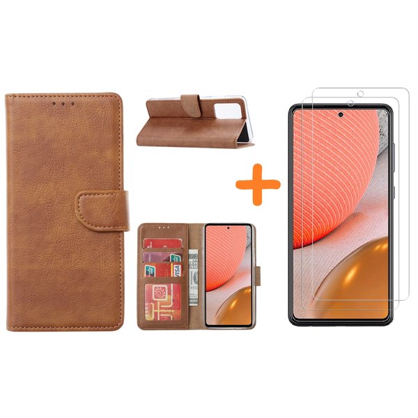 Ntech Hoesje Geschikt Voor Samsung Galaxy A72 hoesje Bruin - Galaxy A72 hoesje wallet cover met Pasjeshouder - 2x screenprotector Hoesje Geschikt Voor Samsung Galaxy A72 5G