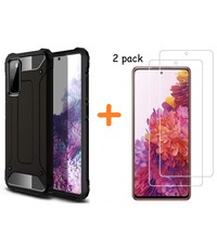 Ntech Samsung Galaxy S20 FE Hoesje rugged Armor Hybride case Zwart & 2 pack Glazen tempered glass