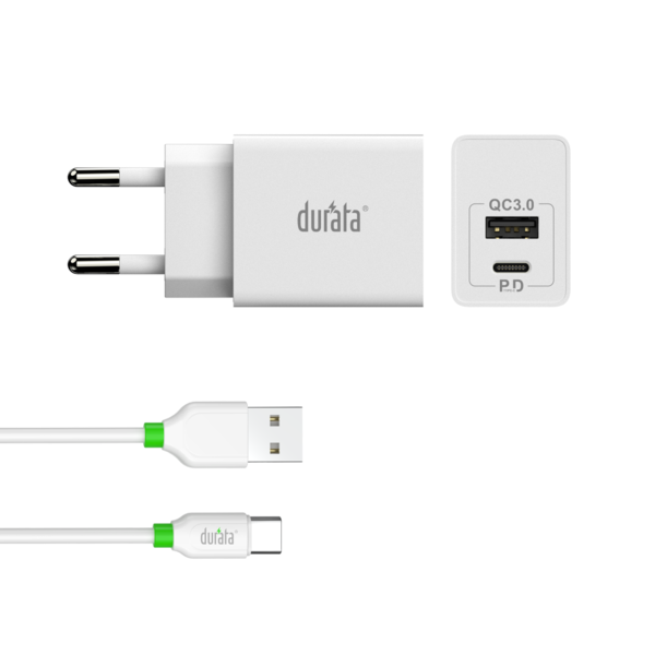 Durata Durata Quick 20W PD oplader USB to Type C  + USB slot voor Samsung, Huawei , Sony