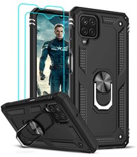 Ntech Samsung A12 5G Hoesje kickstand Armor met Ring houder TPU backcover hoesje - Zwart met Galaxy A12 screenprotector 2 pack
