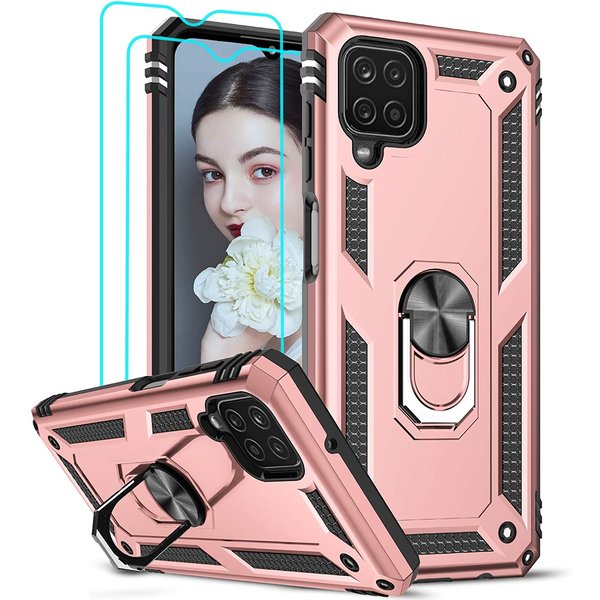 Ntech Hoesje Geschikt Voor Samsung Galaxy A12 5G Hoesje kickstand Armor met Ring houder TPU backcover hoesje - Rose Goud met Galaxy A12 screenprotector 2 pack