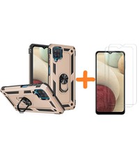 Ntech Samsung A12 5G Hoesje kickstand Armor met Ring houder TPU backcover hoesje - Goud met Galaxy A12 screenprotector 2 pack
