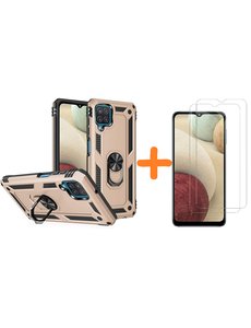 Ntech Samsung A12 5G Hoesje kickstand Armor met Ring houder TPU backcover hoesje - Goud met Galaxy A12 screenprotector 2 pack
