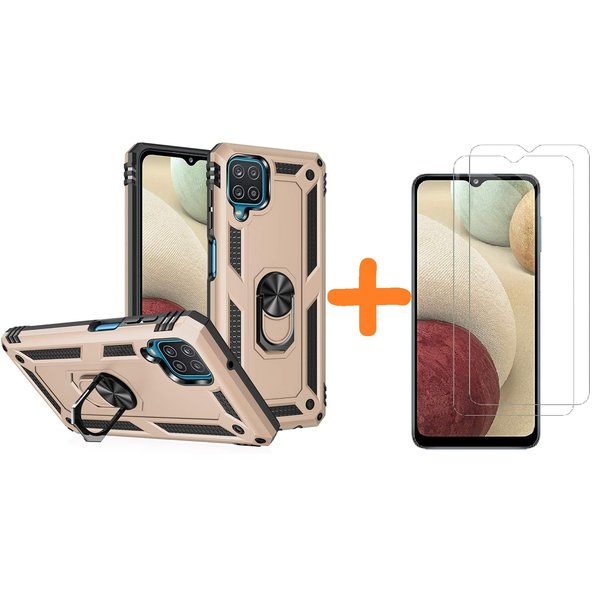 Ntech Hoesje Geschikt Voor Samsung Galaxy A12 5G Hoesje kickstand Armor met Ring houder TPU backcover hoesje - Goud met Galaxy A12 screenprotector 2 pack