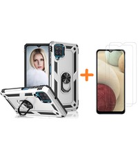 Ntech Samsung A12 5G Hoesje kickstand Armor met Ring houder TPU backcover hoesje - Zilver met Galaxy A12 screenprotector 2 pack
