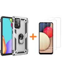 Ntech Samsung A02s Hoesje kickstand Armor met Ring houder TPU backcover hoesje - Zilver met Galaxy A02S screenprotector 2 pack