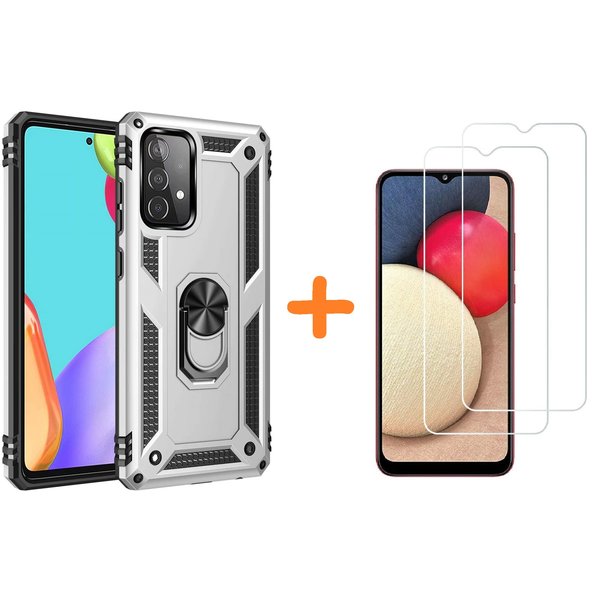 Ntech Hoesje Geschikt Voor Samsung Galaxy A02s Hoesje kickstand Armor met Ring houder TPU backcover hoesje - Zliver met Galaxy A02S screenprotector 2 pack