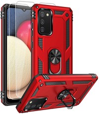 Ntech Samsung A02s Hoesje kickstand Armor met Ring houder TPU backcover hoesje - Rood met Galaxy A02S screenprotector 2 pack