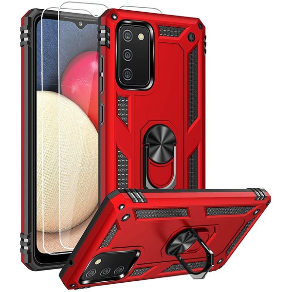 Ntech Hoesje Geschikt Voor Samsung Galaxy A02s Hoesje kickstand Armor met Ring houder TPU backcover hoesje - Rood met Galaxy A02S screenprotector 2 pack