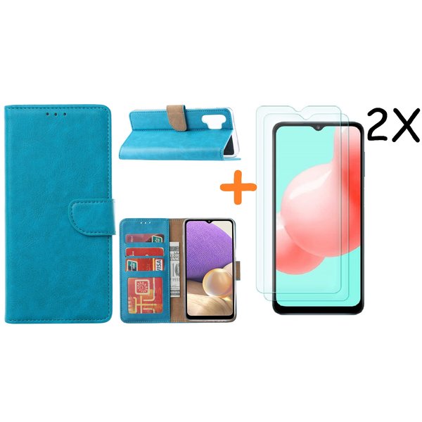Ntech  Hoesje Geschikt Voor Samsung Galaxy A32 hoesje bookcase Blauw Met screenprotector / 2X tempered glass